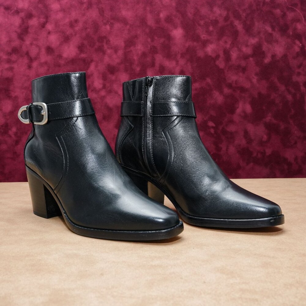 Paige Women Evelyn Black Leather Moto Buckle Zip Ankle Boots sz 8